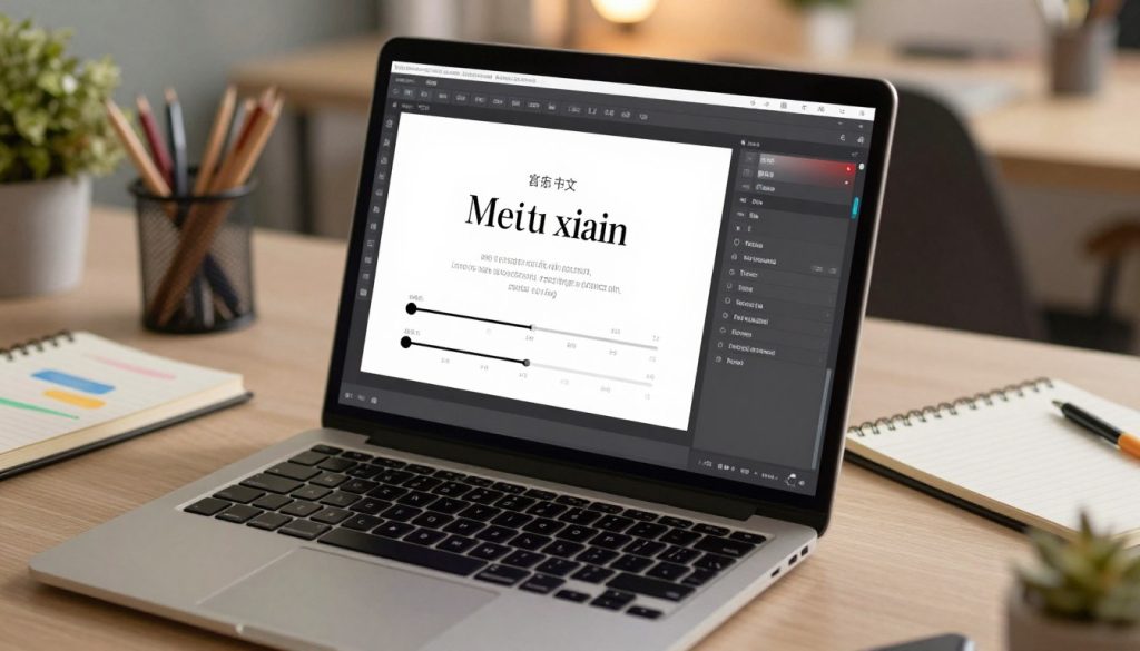 A beautifully designed digital workspace featuring a laptop displaying the Meitu Xiuxiu application interface, specifically focusing on advanced text adjustment tools. In the foreground, a close-up view of the laptop screen shows the font adjustment features, showcasing a variety of elegant fonts with sliders for opacity and size. The middle ground incorporates a stylish, modern desk with stationery and a creative notepad, while the background hints at a softly lit, contemporary office environment. The lighting is warm and inviting, enhancing the productivity atmosphere, with a slight bokeh effect on the background. The overall mood is professional yet creative, inviting viewers to explore advanced techniques in font adjustment. A beautifully designed digital workspace featuring a laptop displaying the Meitu Xiuxiu application interface, specifically focusing on advanced text adjustment tools. In the foreground, a close-up view of the laptop screen shows the font adjustment features, showcasing a variety of elegant fonts with sliders for opacity and size. The middle ground incorporates a stylish, modern desk with stationery and a creative notepad, while the background hints at a softly lit, contemporary office environment. The lighting is warm and inviting, enhancing the productivity atmosphere, with a slight bokeh effect on the background. The overall mood is professional yet creative, inviting viewers to explore advanced techniques in font adjustment.