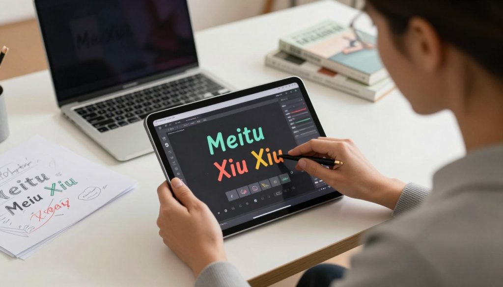 A beautifully designed workspace featuring a digital tablet displaying the "Meitu Xiu Xiu" font editing interface. In the foreground, a poised professional in smart casual attire is demonstrating the font adjustment techniques with precision. The tablet's screen showcases vibrant typography and various editing tools, illustrating the seamless adjustment of text without visible traces. In the middle ground, a stylish workstation with a laptop, sketches, and design books highlights a creative atmosphere. The background features soft, diffused lighting to create a warm and inviting environment. The camera angle is slightly overhead, focusing on both the tablet and the designer’s engaged expression, enhancing the mood of innovation and creativity in digital design.