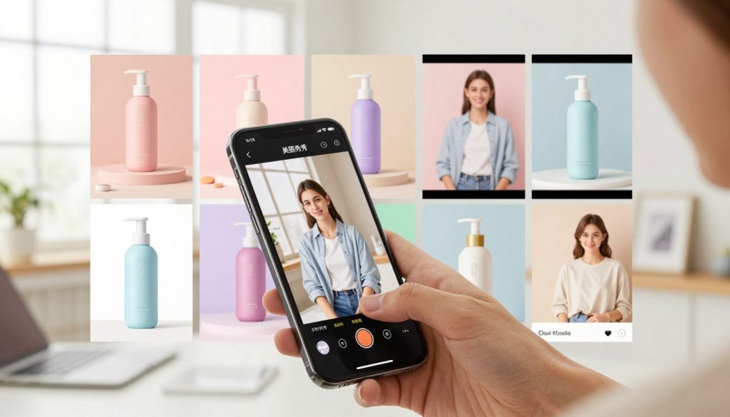 A beautifully rendered digital artwork showcasing the "美图秀秀" filter effect in action. In the foreground, a sleek smartphone displays an image being edited with vibrant filter options, highlighting a professional user in modest, casual clothing attentively applying the filters. The middle ground features an array of visually striking product images, transformed using various "美图秀秀" filters, each image showcasing different aesthetics like pastel tones, high contrast, and soft focus. In the background, a bright, modern workspace with large windows allows natural light to flood in, creating a warm and inviting atmosphere. The entire scene conveys a sense of creativity and professionalism while emphasizing the intuitive use of the editing application to generate appealing product sets.