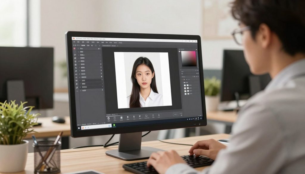 A bright, modern workspace featuring a computer screen displaying the interface of 美图秀秀 (Meitu Xiu Xiu) with a clear photo being transformed in format. In the foreground, a person dressed in professional business attire focuses intently on the screen, with a look of concentration. The middle layer showcases the software interface prominently, highlighting options for different image formats. In the background, a stylish office environment with soft, diffused lighting creates a welcoming atmosphere. The scene is well-composed with a warm, inviting color palette, and a slight depth of field effect on the workspace to emphasize the subject. The overall mood is one of productivity and creativity, perfect for conveying the process of image format conversion.