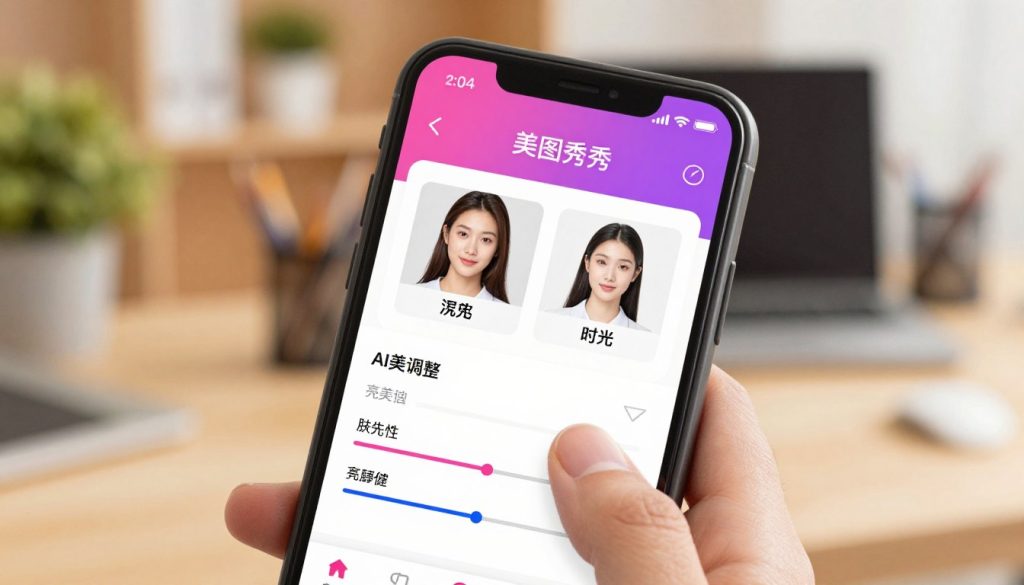 A close-up view of a smartphone screen showcasing the "美图秀秀" app interface, specifically highlighting the AI beauty adjustment settings with sliders for parameters like skin smoothing, brightness, and detail enhancement. The foreground features a sleek, high-resolution display with vivid colors and user-friendly icons. In the middle, a hand gently touches the screen, demonstrating the interactive nature of the app. The background is softly blurred, featuring a stylish ambient office environment with warm lighting, conveying a sense of productivity and creativity. The overall mood is optimistic and professional, emphasizing the app's role in enhancing personal images. A close-up view of a smartphone screen showcasing the "美图秀秀" app interface, specifically highlighting the AI beauty adjustment settings with sliders for parameters like skin smoothing, brightness, and detail enhancement. The foreground features a sleek, high-resolution display with vivid colors and user-friendly icons. In the middle, a hand gently touches the screen, demonstrating the interactive nature of the app. The background is softly blurred, featuring a stylish ambient office environment with warm lighting, conveying a sense of productivity and creativity. The overall mood is optimistic and professional, emphasizing the app's role in enhancing personal images.