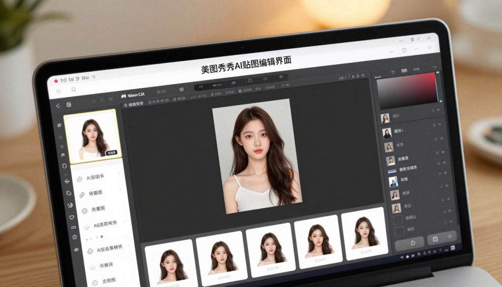 A detailed and vibrant illustration of the "美图秀秀AI贴图编辑界面", showing a sleek, modern user interface on a high-resolution screen. In the foreground, showcase various AI-generated stickers and enhancement tools arranged neatly within an intuitive layout. The middle layer features a digital tablet displaying a beautifully edited photo, highlighting the powerful editing capabilities of the software. The background includes a softly illuminated workspace, emphasizing a professional atmosphere with warm, inviting lighting that enhances the technological feel. The angle of the shot should be slightly above eye level, allowing viewers to appreciate the user interface's functionality and flow. The overall mood is innovative and productive, capturing the essence of advanced image editing technology without any text or branding elements.
