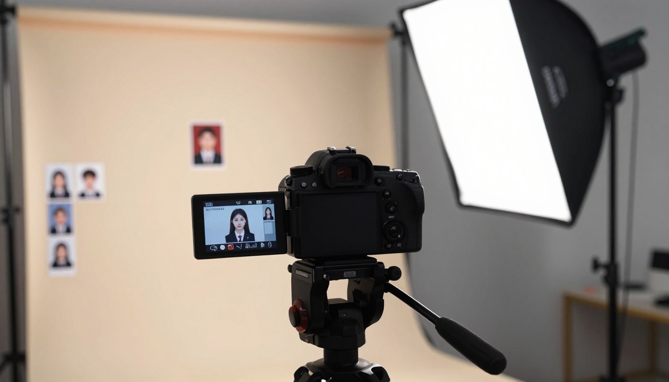 A detailed close-up of a professional photo studio setup for a passport photo session. In the foreground, a well-lit backdrop in a soft neutral color presents an ideal setting, with a high-quality camera mounted on a tripod, angled towards the center. In the middle ground, a light diffuser and softbox provide flattering lighting, casting even illumination to create a polished look. A digital screen beside the camera displays photo dimensions and guidelines. In the background, arranged neatly, are examples of printed passport photos in various sizes for reference. The atmosphere is clean, organized, and focused, suitable for a professional portrait shoot, evoking a sense of precision and clarity.