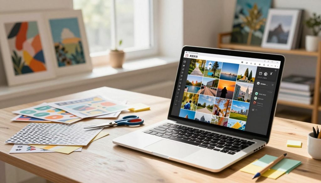 A detailed composition of a vibrant workspace showcasing advanced photo collage techniques using the 美图秀秀 app. In the foreground, a sleek laptop opens up displaying a beautifully crafted photo collage made from colorful images of nature and urban scenes. On the desk, various art supplies such as scissors, patterned papers, and sticky notes are scattered around. The middle ground features a brightly lit window allowing soft, natural sunlight to stream in, creating a warm atmosphere. In the background, a stylish shelf displays finished art pieces and photography books, adding depth and character to the scene. The mood is creative and inspiring, highlighting the joy of crafting unique photo collages. Capture this scene from a slightly elevated angle to emphasize the workspace layout. A detailed composition of a vibrant workspace showcasing advanced photo collage techniques using the 美图秀秀 app. In the foreground, a sleek laptop opens up displaying a beautifully crafted photo collage made from colorful images of nature and urban scenes. On the desk, various art supplies such as scissors, patterned papers, and sticky notes are scattered around. The middle ground features a brightly lit window allowing soft, natural sunlight to stream in, creating a warm atmosphere. In the background, a stylish shelf displays finished art pieces and photography books, adding depth and character to the scene. The mood is creative and inspiring, highlighting the joy of crafting unique photo collages. Capture this scene from a slightly elevated angle to emphasize the workspace layout.