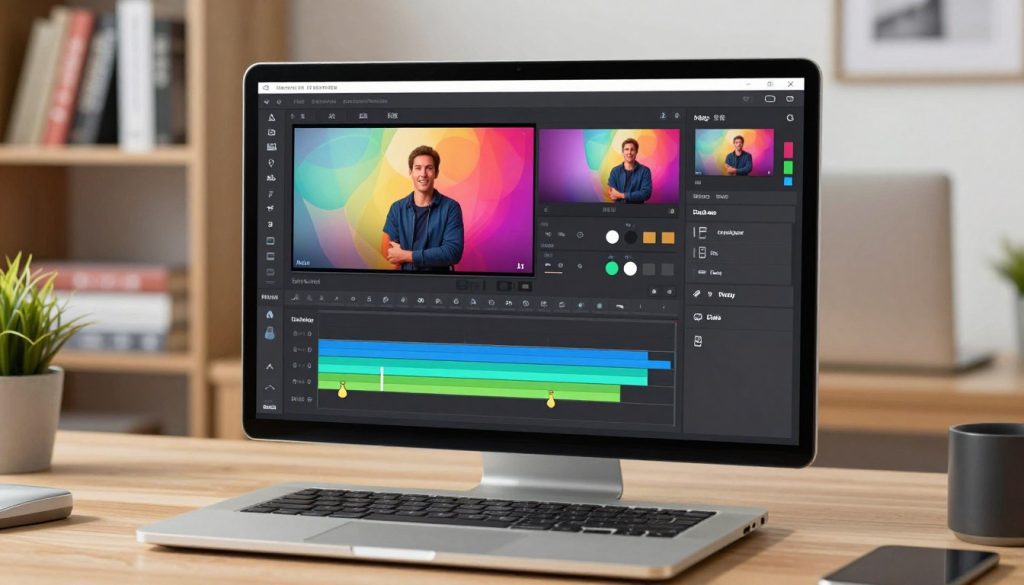 A detailed depiction of the Meitu Xiu Xiu video editing interface on a computer screen, showcasing various editing tools and options arranged neatly. In the foreground, the screen displays a vibrant and clear video timeline with colorful clips and a toolbar filled with icons for clarity adjustments, filters, and enhancements. The middle ground features a sleek, modern workspace with a laptop placed on a wooden desk, surrounded by tech gadgets and soft lighting. In the background, a gently blurred bookshelf filled with design books adds an intellectual touch, while the mood is bright and inspiring, suggesting creativity and innovation. The atmosphere is motivational, encouraging viewers to enhance their video editing skills.