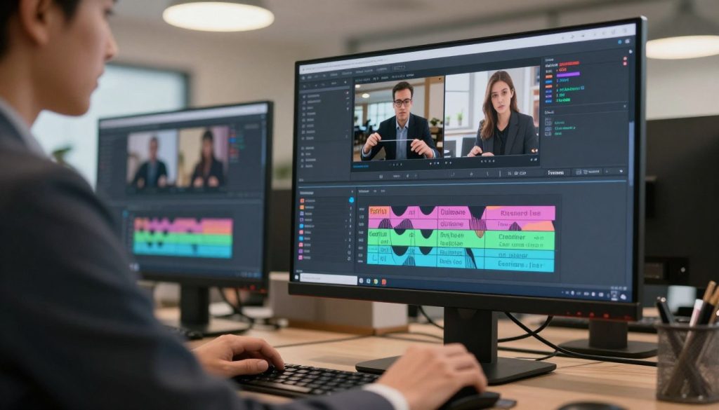A digital workspace featuring a computer screen displaying video subtitle editing software with a user-friendly interface. In the foreground, a focused individual in professional business attire is strategically positioned, using the mouse to select an option on the screen. The middle ground showcases video clips playing with visible editing tools and waves of color representing subtitles being removed from the video interface. The background includes a modern office environment with soft overhead lighting that creates a warm and productive atmosphere. The lens is pointed slightly downward to capture the user's interaction with the software, with a dynamic angle that conveys concentration and efficiency. The overall mood is one of creativity and technical proficiency, emphasizing the process of effectively removing subtitles from videos.