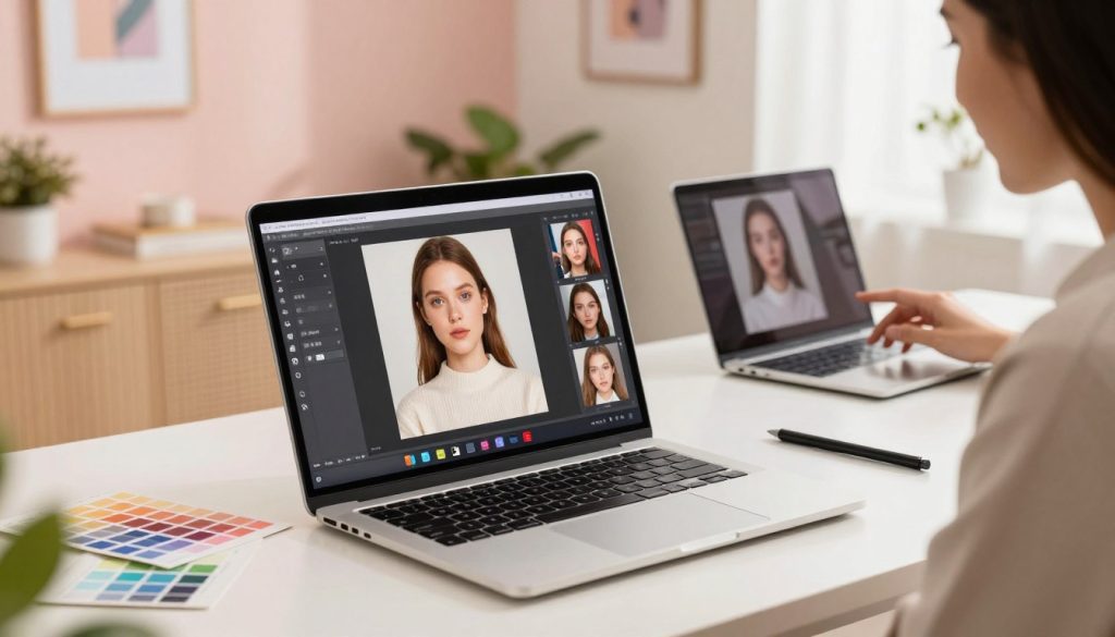 A digital workspace showcasing the features of the Meitu Xiu Xiu image editing software. In the foreground, display a sleek laptop screen with the software interface open, highlighting tools like filters, beauty effects, and collages. The mid-ground includes a well-organized desk with editing accessories like a digital pen and color swatches, illuminated by soft, warm lighting. In the background, there’s a stylish home office setting with pastel-colored walls, plants, and motivational art, creating an inviting and creative atmosphere. A professional user in casual business attire is seen actively engaging with the software, conveying focus and creativity. The image should have a bright and inspiring mood, emphasizing innovation and accessibility in digital content creation. A digital workspace showcasing the features of the Meitu Xiu Xiu image editing software. In the foreground, display a sleek laptop screen with the software interface open, highlighting tools like filters, beauty effects, and collages. The mid-ground includes a well-organized desk with editing accessories like a digital pen and color swatches, illuminated by soft, warm lighting. In the background, there’s a stylish home office setting with pastel-colored walls, plants, and motivational art, creating an inviting and creative atmosphere. A professional user in casual business attire is seen actively engaging with the software, conveying focus and creativity. The image should have a bright and inspiring mood, emphasizing innovation and accessibility in digital content creation.