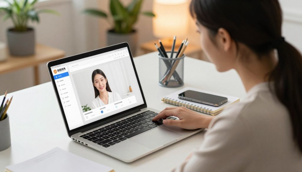 A modern, clean workspace featuring a laptop displaying the 美图秀秀 (Meitu Xiu Xiu) app's interface. In the foreground, a professional woman in modest casual attire is intently looking at the screen, illustrating a tutorial moment. In the middle, there are well-organized stationery items such as a notebook and a smartphone, suggesting productivity. The background includes a softly blurred indoor setting with potted plants and a warm light illuminating the room, creating a welcoming and creative atmosphere. The angle is slightly overhead, capturing the laptop and the woman’s focused expression while maintaining a sense of depth. Overall, the image evokes a mood of inspiration and learning. A modern, clean workspace featuring a laptop displaying the 美图秀秀 (Meitu Xiu Xiu) app's interface. In the foreground, a professional woman in modest casual attire is intently looking at the screen, illustrating a tutorial moment. In the middle, there are well-organized stationery items such as a notebook and a smartphone, suggesting productivity. The background includes a softly blurred indoor setting with potted plants and a warm light illuminating the room, creating a welcoming and creative atmosphere. The angle is slightly overhead, capturing the laptop and the woman’s focused expression while maintaining a sense of depth. Overall, the image evokes a mood of inspiration and learning.