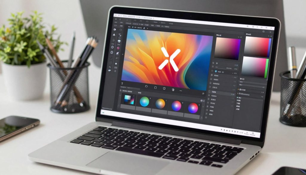 A modern digital workspace featuring a computer screen displaying the Meitu Xiu Xiu watermark feature. In the foreground, there is a sleek laptop with a vibrant image open in the editing interface, showcasing the watermark options on the side menu. The middle ground shows essential editing tools and a color palette with a subtle glow, suggesting creativity. In the background, a tidy desk with a potted plant and stationery creates a cozy, inspiring atmosphere. The lighting is soft yet bright, highlighting the screen's content and casting gentle shadows. The overall mood is focused and professional, embodying an efficient and artistic editing process. No text overlays or logos are included in the image. A modern digital workspace featuring a computer screen displaying the Meitu Xiu Xiu watermark feature. In the foreground, there is a sleek laptop with a vibrant image open in the editing interface, showcasing the watermark options on the side menu. The middle ground shows essential editing tools and a color palette with a subtle glow, suggesting creativity. In the background, a tidy desk with a potted plant and stationery creates a cozy, inspiring atmosphere. The lighting is soft yet bright, highlighting the screen's content and casting gentle shadows. The overall mood is focused and professional, embodying an efficient and artistic editing process. No text overlays or logos are included in the image.