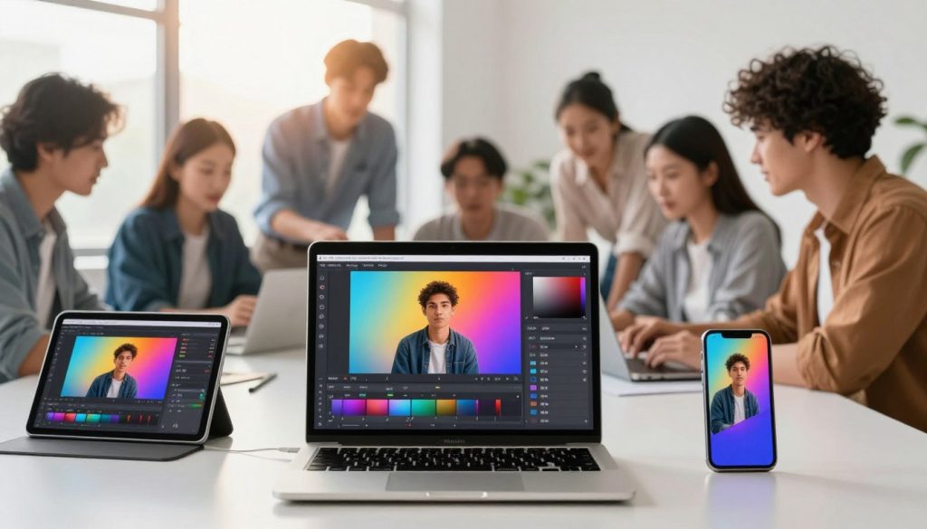 A modern digital workspace showcasing the usage of the Meitu Xiuxiu AI creative effects. In the foreground, a sleek laptop displaying the Meitu interface, with vibrant and colorful filters and effects applied to a sample photo. Surrounding the laptop, an assortment of digital devices such as tablets and smartphones with similar visual transformations displayed. In the middle, a soft-focus view of a diverse group of professionals in casual yet polished clothing, intently discussing and collaborating over the design ideas. The background features a bright, well-lit office environment with large windows that allow natural light to stream in, casting a warm glow over the scene. The atmosphere is innovative, inspiring, and productive, emphasizing creativity and collaboration in digital photo editing. A modern digital workspace showcasing the usage of the Meitu Xiuxiu AI creative effects. In the foreground, a sleek laptop displaying the Meitu interface, with vibrant and colorful filters and effects applied to a sample photo. Surrounding the laptop, an assortment of digital devices such as tablets and smartphones with similar visual transformations displayed. In the middle, a soft-focus view of a diverse group of professionals in casual yet polished clothing, intently discussing and collaborating over the design ideas. The background features a bright, well-lit office environment with large windows that allow natural light to stream in, casting a warm glow over the scene. The atmosphere is innovative, inspiring, and productive, emphasizing creativity and collaboration in digital photo editing.