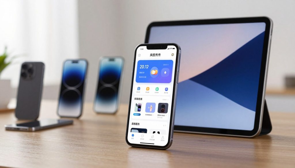 A modern mobile device setup showcasing the mobile support for 美图秀秀. In the foreground, a sleek smartphone and an elegant tablet are displayed prominently, reflecting a high-tech aesthetic with crisp screens active showing the app interface. In the middle ground, blurred images of different mobile devices can be seen, hinting at compatibility with various models, emphasizing their versatility. In the background, a stylish workspace with soft natural lighting enhances the scene, where a subtle gradient suggests a professional, inviting atmosphere. The overall mood is one of innovation and accessibility, perfect for illustrating technological advancement in mobile apps. The composition captures the essence of modern mobile technology without any text, logos, or distractions.