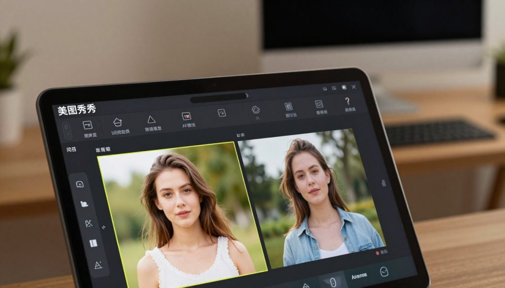 A modern, sleek interface showcasing the features of an AI photo editing tool, specifically the "美图秀秀" application. In the foreground, vibrant, high-definition images demonstrate enhanced clarity and color contrast, with before-and-after comparisons side by side. The middle layer features an elegant digital display with icons representing various AI functions like sharpening, noise reduction, and background enhancement. In the background, a softly lit workspace with a computer setup illuminates the scene, hinting at a productive environment. Use a warm, inviting color palette to evoke feelings of creativity and innovation. The perspective should be slightly angled to enhance depth, with a focus on the interface elements, ensuring no text or logos are visible. The mood should be inspiring, emphasizing the transformative power of AI in photography. A modern, sleek interface showcasing the features of an AI photo editing tool, specifically the "美图秀秀" application. In the foreground, vibrant, high-definition images demonstrate enhanced clarity and color contrast, with before-and-after comparisons side by side. The middle layer features an elegant digital display with icons representing various AI functions like sharpening, noise reduction, and background enhancement. In the background, a softly lit workspace with a computer setup illuminates the scene, hinting at a productive environment. Use a warm, inviting color palette to evoke feelings of creativity and innovation. The perspective should be slightly angled to enhance depth, with a focus on the interface elements, ensuring no text or logos are visible. The mood should be inspiring, emphasizing the transformative power of AI in photography.