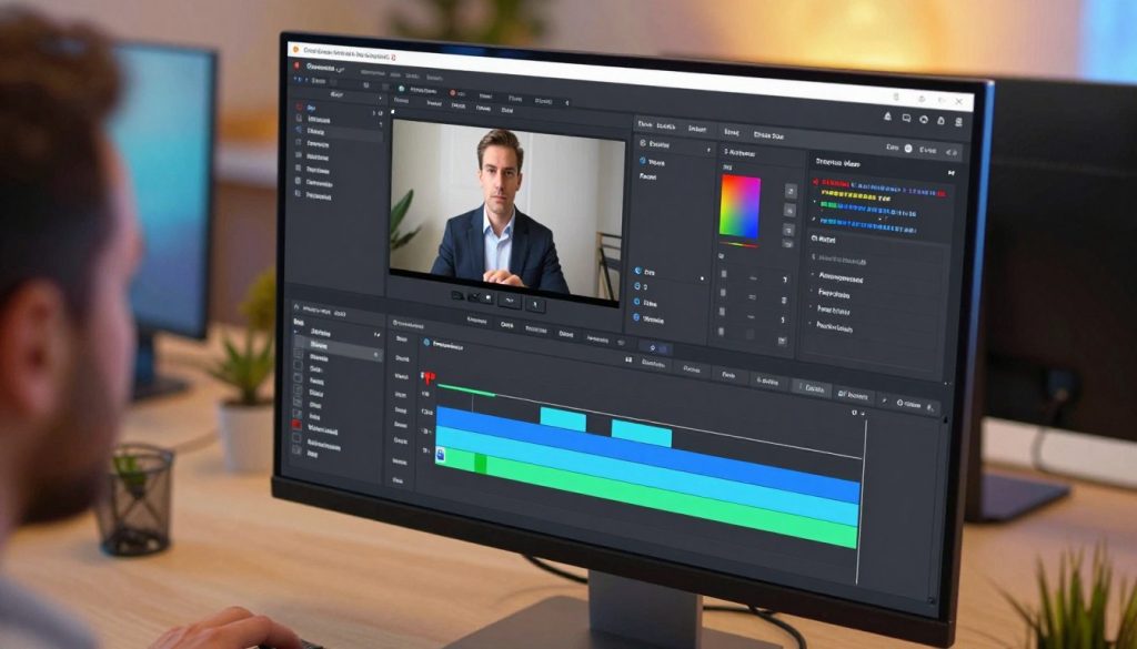 A modern, sleek video editing software interface displayed prominently on a computer screen in a well-lit office environment. The foreground includes a close-up of the software application, showcasing its user-friendly timeline and advanced subtitle removal tools. In the middle ground, a professional individual, dressed in smart business attire, is intently working on the software, demonstrating focus and expertise. The background features a tidy workspace with colorful monitors and creative paraphernalia, enhancing the tech-savvy atmosphere. Soft, ambient lighting casts a warm glow, creating an inviting and productive mood. The angle of the shot is from slightly above, emphasizing the screen while capturing the person’s engagement with the software. No text or logos are included in the image.