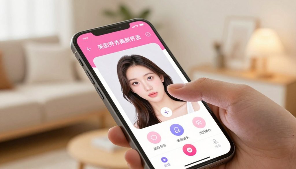 A modern smartphone displaying the "美图秀秀美颜界面" interface, focusing on the beauty enhancement features. The foreground showcases the phone with a sleek profile, featuring vibrant icons and smooth animations on the screen. In the middle, a hand reaches toward the screen, poised to activate the one-click beauty function, emphasizing user engagement. The background has a cozy, well-lit room environment with soft, warm lighting that enhances the mood. The atmosphere conveys excitement and innovation, inviting users to explore the app’s capabilities. The overall composition is clean and professional, perfect for illustrating the topic of beauty enhancement technology in a modern context.