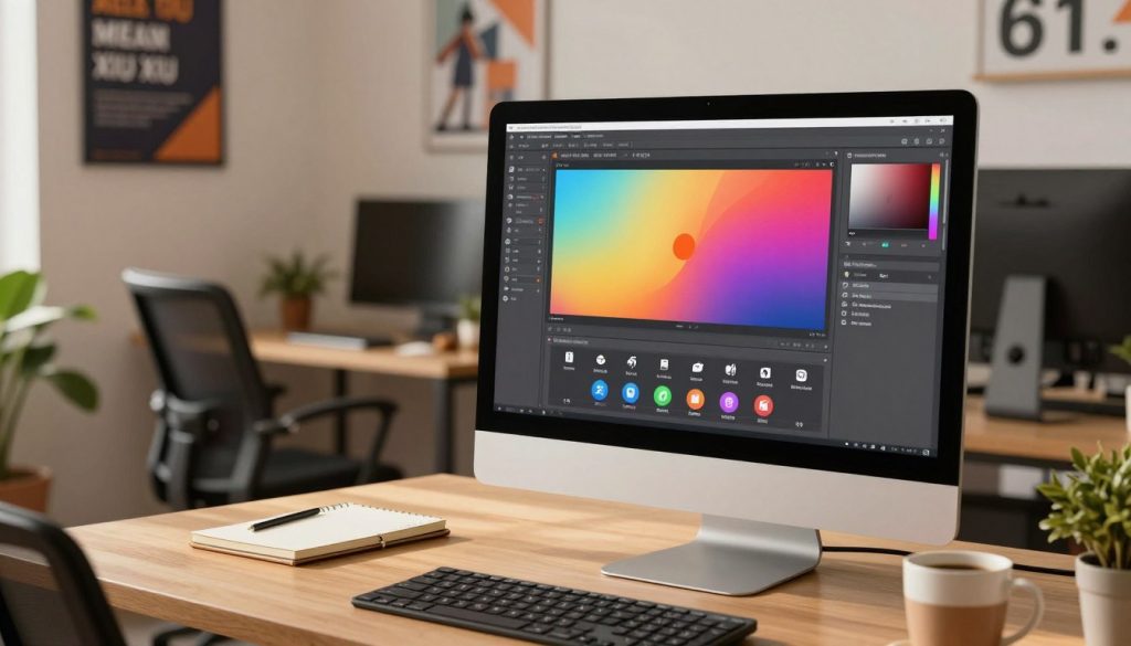 A modern workspace featuring a desktop computer displaying the latest version of the Meitu Xiu Xiu software interface. In the foreground, a close-up view of the screen highlights unique tools and features, with vibrant colors and user-friendly icons. The middle ground includes a neatly organized desk with a stylish ergonomic chair, notepad, and a coffee cup, reflecting a productive environment. The background shows a tastefully decorated office with motivational posters and plants, creating a warm atmosphere. Soft, diffused lighting illuminates the scene, casting gentle shadows that enhance the overall composition. The mood is inspirational and creative, emphasizing the ease of use and innovative features of the software for image editing on a computer. A modern workspace featuring a desktop computer displaying the latest version of the Meitu Xiu Xiu software interface. In the foreground, a close-up view of the screen highlights unique tools and features, with vibrant colors and user-friendly icons. The middle ground includes a neatly organized desk with a stylish ergonomic chair, notepad, and a coffee cup, reflecting a productive environment. The background shows a tastefully decorated office with motivational posters and plants, creating a warm atmosphere. Soft, diffused lighting illuminates the scene, casting gentle shadows that enhance the overall composition. The mood is inspirational and creative, emphasizing the ease of use and innovative features of the software for image editing on a computer.