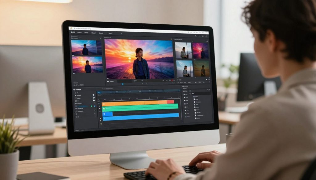 A modern workspace featuring a sleek computer displaying the "美图秀秀" AI video editing interface. In the foreground, a professional in smart casual attire is focused on editing a video, with multiple clips and effects in an intuitive layout. The middle of the image shows the computer screen actively displaying video editing tools, vibrant thumbnail previews, and a timeline filled with colorful clips. The background is softly lit with warm lighting, depicting a stylish, minimalistic office environment, hinting at creativity and productivity. The mood is inviting and inspiring, showcasing innovation and efficiency in video editing, without any distractions or text elements in the scene. A modern workspace featuring a sleek computer displaying the "美图秀秀" AI video editing interface. In the foreground, a professional in smart casual attire is focused on editing a video, with multiple clips and effects in an intuitive layout. The middle of the image shows the computer screen actively displaying video editing tools, vibrant thumbnail previews, and a timeline filled with colorful clips. The background is softly lit with warm lighting, depicting a stylish, minimalistic office environment, hinting at creativity and productivity. The mood is inviting and inspiring, showcasing innovation and efficiency in video editing, without any distractions or text elements in the scene.