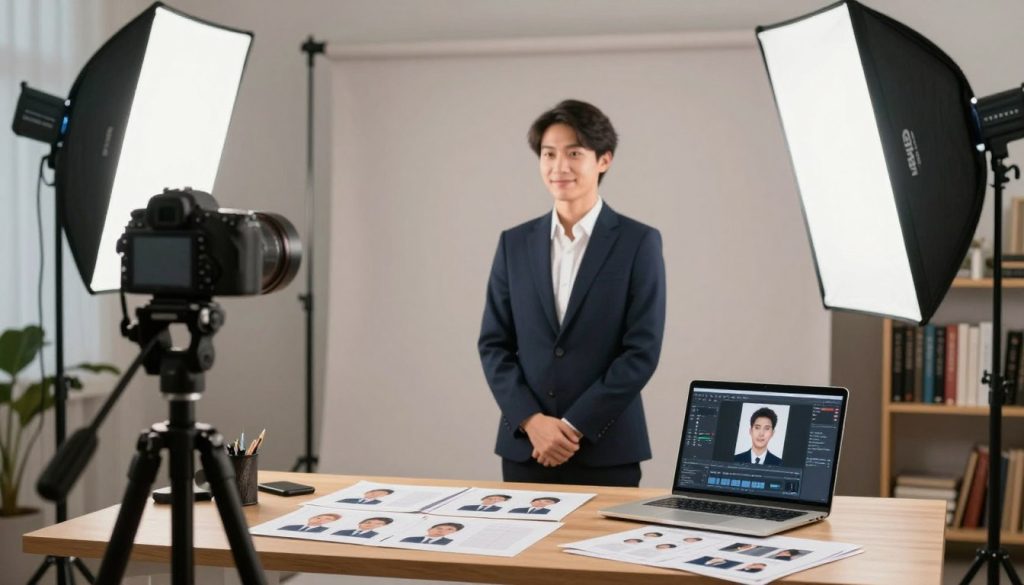 A professional and informative scene showcasing practical techniques for creating ID photos. In the foreground, a well-organized workspace features a digital camera on a tripod, adjusted at eye level, and neatly arranged equipment like softbox lights providing balanced, diffused lighting. The middle layer includes a person dressed in smart business attire, standing against a neutral backdrop, posed in a way that emphasizes a relaxed yet confident demeanor. Scattered around the workspace are tools like a laptop displaying photo editing software and printed reference guides for ideal photo composition. The background reveals shelves stocked with photography books, contributing to an atmosphere of professionalism and creativity, emphasizing the importance of attention to detail in producing high-quality ID photos. A professional and informative scene showcasing practical techniques for creating ID photos. In the foreground, a well-organized workspace features a digital camera on a tripod, adjusted at eye level, and neatly arranged equipment like softbox lights providing balanced, diffused lighting. The middle layer includes a person dressed in smart business attire, standing against a neutral backdrop, posed in a way that emphasizes a relaxed yet confident demeanor. Scattered around the workspace are tools like a laptop displaying photo editing software and printed reference guides for ideal photo composition. The background reveals shelves stocked with photography books, contributing to an atmosphere of professionalism and creativity, emphasizing the importance of attention to detail in producing high-quality ID photos.
