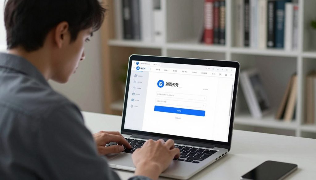 A professional office environment featuring a person sitting at a desk with a laptop open, focused on resolving login issues related to the 美图秀秀 app. The foreground includes the individual, dressed in smart casual attire, intently looking at the screen, with furrowed brows that convey concentration. The middle ground shows the laptop’s screen displaying a troubleshooting interface with iconography suggesting account recovery and password reset options. In the background, soft lighting illuminates bookshelves filled with technology and app-related books, creating a serene yet productive atmosphere. The overall mood is one of determination and technological engagement, capturing the essence of solving digital login problems thoughtfully and effectively. A professional office environment featuring a person sitting at a desk with a laptop open, focused on resolving login issues related to the 美图秀秀 app. The foreground includes the individual, dressed in smart casual attire, intently looking at the screen, with furrowed brows that convey concentration. The middle ground shows the laptop’s screen displaying a troubleshooting interface with iconography suggesting account recovery and password reset options. In the background, soft lighting illuminates bookshelves filled with technology and app-related books, creating a serene yet productive atmosphere. The overall mood is one of determination and technological engagement, capturing the essence of solving digital login problems thoughtfully and effectively.