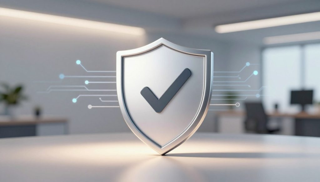 A serene and visually appealing digital security certification badge, prominently displayed in the foreground. The badge features a shield symbol combined with a checkmark, signifying safety and compliance. In the middle ground, a subtle circuit pattern emerges, representing advanced technology and digital infrastructure. The background showcases a modern, minimalistic office environment with soft, ambient lighting that creates a professional atmosphere. A warm light source highlights the badge while casting gentle shadows, adding depth to the composition. The overall mood conveys trust, security, and professionalism, effectively communicating the concept of digital safety in a visually engaging manner. The image should be clean and polished, free from any text or embellishments.
