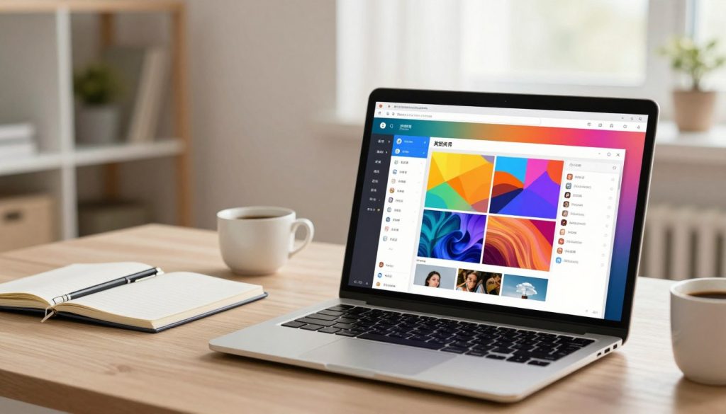 A sleek and modern desktop interface displaying the 美图秀秀 (Meitu Xiu Xiu) software. In the foreground, a stylish laptop screen shows the software's colorful interface, featuring photo editing tools and a vibrant gallery of edited images. In the middle ground, there's a neatly arranged workspace with a few essential office supplies, like a notebook and a cup of coffee, suggesting a productive environment. The background features a softly blurred home office setting with a warm and inviting ambiance, illuminated by natural light coming through a window. The overall mood is focused and inspiring, ideal for a tech-savvy audience seeking detailed guidance on downloading and installing the desktop version of the software. A sleek and modern desktop interface displaying the 美图秀秀 (Meitu Xiu Xiu) software. In the foreground, a stylish laptop screen shows the software's colorful interface, featuring photo editing tools and a vibrant gallery of edited images. In the middle ground, there's a neatly arranged workspace with a few essential office supplies, like a notebook and a cup of coffee, suggesting a productive environment. The background features a softly blurred home office setting with a warm and inviting ambiance, illuminated by natural light coming through a window. The overall mood is focused and inspiring, ideal for a tech-savvy audience seeking detailed guidance on downloading and installing the desktop version of the software.