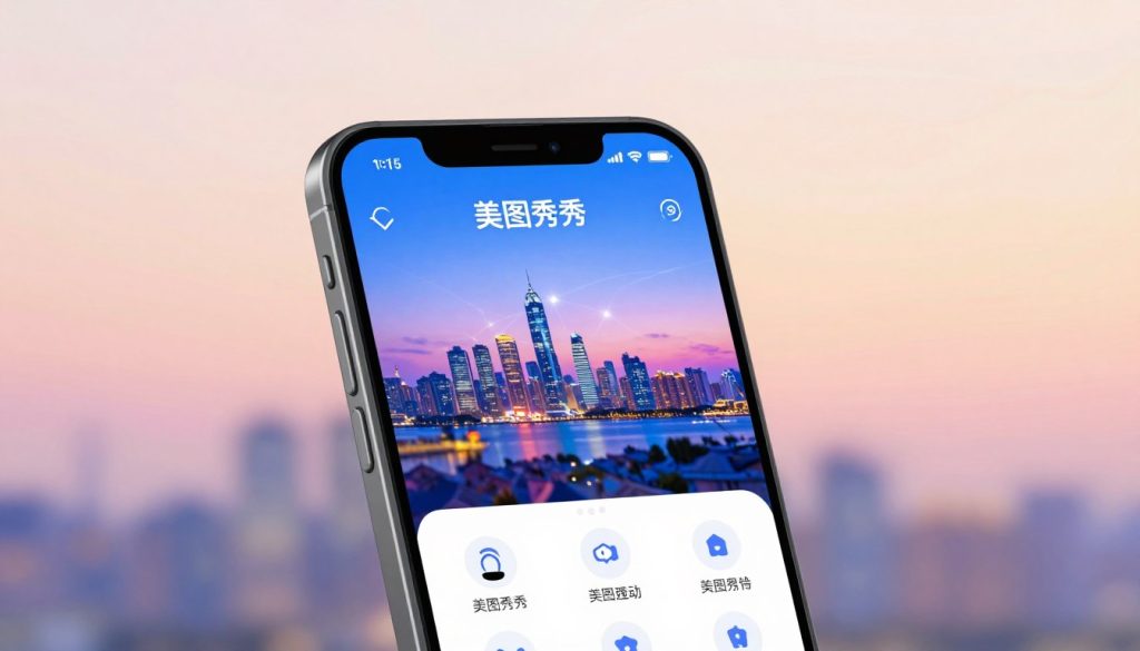 A sleek and modern interface of a smartphone showcasing the "美图秀秀" app download screen, prominently displayed in the foreground. The phone's sleek design emphasizes the vibrant visuals of the app's photo editing capabilities, with vivid colors and an intuitive layout. In the middle ground, a subtle reflection of a mesmerizing city skyline can be seen, hinting at digital connections and modern technology. The background features a soft-focused pastel gradient that suggests a creative and inviting atmosphere, enhanced by gentle, warm lighting that creates a welcoming mood. The lens perspective is slightly tilted to provide depth, making the phone the focal point while clearly illustrating the app's user-friendly design. No text, logos, or watermarks are visible in the image. A sleek and modern interface of a smartphone showcasing the "美图秀秀" app download screen, prominently displayed in the foreground. The phone's sleek design emphasizes the vibrant visuals of the app's photo editing capabilities, with vivid colors and an intuitive layout. In the middle ground, a subtle reflection of a mesmerizing city skyline can be seen, hinting at digital connections and modern technology. The background features a soft-focused pastel gradient that suggests a creative and inviting atmosphere, enhanced by gentle, warm lighting that creates a welcoming mood. The lens perspective is slightly tilted to provide depth, making the phone the focal point while clearly illustrating the app's user-friendly design. No text, logos, or watermarks are visible in the image.