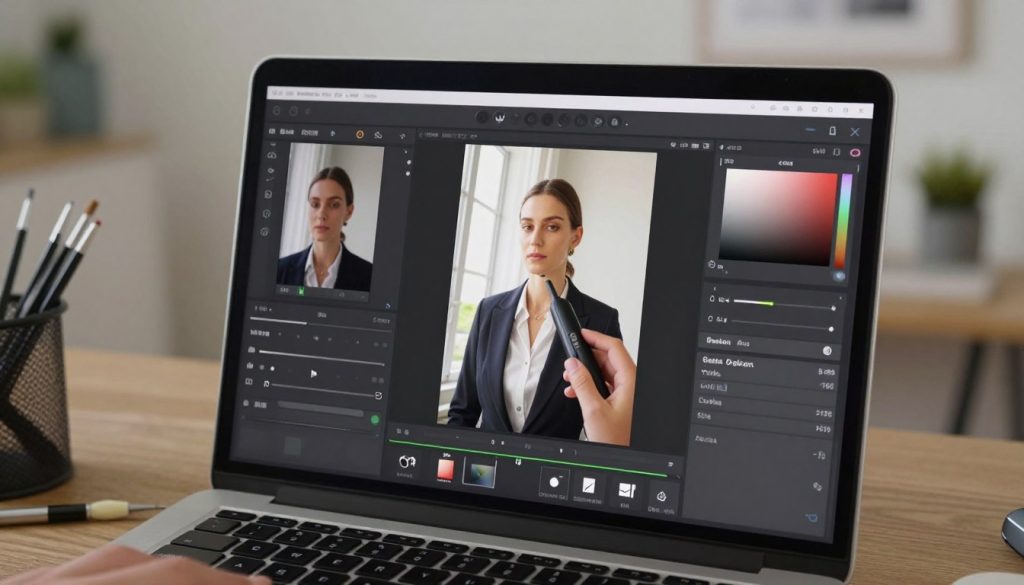 A sleek and modern photo editing interface displayed on a laptop, showcasing vibrant images being enhanced by a beautification tool. The foreground features a clear view of the laptop screen with tools like sliders and filters visible, emphasizing the user-friendly design. In the middle, a person in professional attire is intently focused on editing, illuminated by soft, natural lighting from a nearby window. The background includes a cozy workspace with artistic decor, hinting at creativity and inspiration. The overall atmosphere is one of productivity and technological innovation, evoking a sense of excitement about digital photo enhancement. The composition highlights the core functionalities of the beautification tool in a relatable and engaging manner, with no text or distractions. A sleek and modern photo editing interface displayed on a laptop, showcasing vibrant images being enhanced by a beautification tool. The foreground features a clear view of the laptop screen with tools like sliders and filters visible, emphasizing the user-friendly design. In the middle, a person in professional attire is intently focused on editing, illuminated by soft, natural lighting from a nearby window. The background includes a cozy workspace with artistic decor, hinting at creativity and inspiration. The overall atmosphere is one of productivity and technological innovation, evoking a sense of excitement about digital photo enhancement. The composition highlights the core functionalities of the beautification tool in a relatable and engaging manner, with no text or distractions.