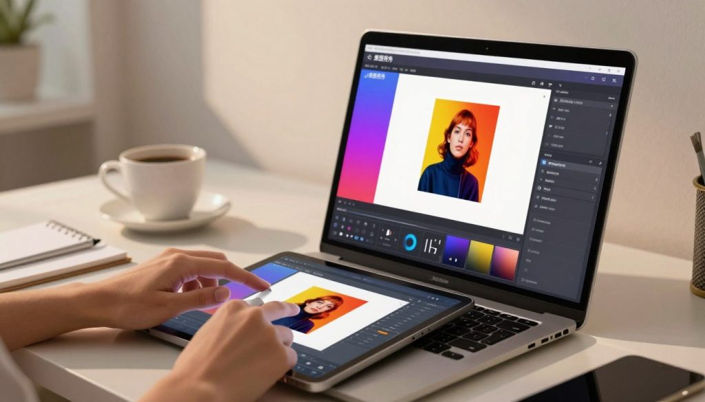 A sleek and modern workspace featuring a computer screen displaying the "美图秀秀" interface, showcasing a vibrant and user-friendly design. In the foreground, a stylistic digital tablet rests beside the laptop, with fingers actively using an editing tool to crop an image—a visual representation of the cutting feature in action. The middle ground presents a blurred view of a coffee cup and a notepad, adding an inviting atmosphere. The background features a softly lit room with minimalistic decor, accentuating a creative and productive ambiance. The lighting is warm and inviting, casting soft shadows that enhance the focus on the digital tools used for editing. The scene conveys a sense of innovation and accessibility in image editing, perfect for instructional use. A sleek and modern workspace featuring a computer screen displaying the "美图秀秀" interface, showcasing a vibrant and user-friendly design. In the foreground, a stylistic digital tablet rests beside the laptop, with fingers actively using an editing tool to crop an image—a visual representation of the cutting feature in action. The middle ground presents a blurred view of a coffee cup and a notepad, adding an inviting atmosphere. The background features a softly lit room with minimalistic decor, accentuating a creative and productive ambiance. The lighting is warm and inviting, casting soft shadows that enhance the focus on the digital tools used for editing. The scene conveys a sense of innovation and accessibility in image editing, perfect for instructional use.