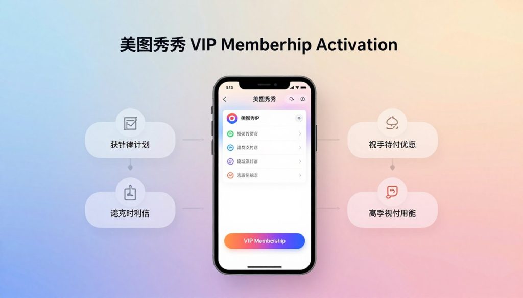 A sleek digital interface showcasing the "美图秀秀 VIP Membership Activation" process. In the foreground, display a smartphone with the 美图秀秀 app open, featuring a prominent 'VIP Membership' button highlighted. Surround the phone with elegant, modern graphical elements representing subscription benefits, such as enhanced editing tools and exclusive filters. The middle ground includes a subtle visual flowchart depicting steps to activate the VIP membership: select a plan, enter payment details, and enjoy premium features. The background should be a soft gradient of pastel colors, evoking innovation and creativity, with a warm, inviting glow that enhances the atmosphere. Use soft, diffused lighting to create a professional, polished look, akin to a tech advertisement captured at eye-level with a standard lens. A sleek digital interface showcasing the "美图秀秀 VIP Membership Activation" process. In the foreground, display a smartphone with the 美图秀秀 app open, featuring a prominent 'VIP Membership' button highlighted. Surround the phone with elegant, modern graphical elements representing subscription benefits, such as enhanced editing tools and exclusive filters. The middle ground includes a subtle visual flowchart depicting steps to activate the VIP membership: select a plan, enter payment details, and enjoy premium features. The background should be a soft gradient of pastel colors, evoking innovation and creativity, with a warm, inviting glow that enhances the atmosphere. Use soft, diffused lighting to create a professional, polished look, akin to a tech advertisement captured at eye-level with a standard lens.