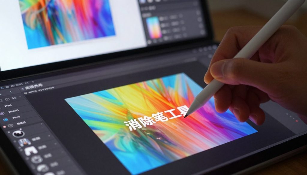 A sleek digital workspace featuring the "美图秀秀" interface prominently displayed on a high-resolution screen. In the foreground, a close-up of a stylus or digital pen hovering above a virtual editing area, showcasing the "消除笔工具" (eraser tool) in action, meticulously refining a text overlay on a vibrant image. The middle ground illustrates a kaleidoscope of colors from various editing options, hinting at the tool's versatility. The background includes blurred elements of the software menus and toolbars, creating a sense of depth. Soft, ambient lighting enhances the atmosphere, emphasizing a professional yet creative vibe. The image captures an engaging, intuitive digital editing experience without any distractions like text overlays or watermarks. A sleek digital workspace featuring the "美图秀秀" interface prominently displayed on a high-resolution screen. In the foreground, a close-up of a stylus or digital pen hovering above a virtual editing area, showcasing the "消除笔工具" (eraser tool) in action, meticulously refining a text overlay on a vibrant image. The middle ground illustrates a kaleidoscope of colors from various editing options, hinting at the tool's versatility. The background includes blurred elements of the software menus and toolbars, creating a sense of depth. Soft, ambient lighting enhances the atmosphere, emphasizing a professional yet creative vibe. The image captures an engaging, intuitive digital editing experience without any distractions like text overlays or watermarks.