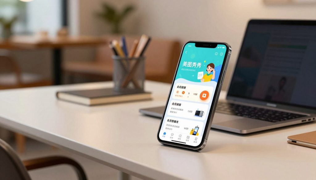 A sleek, modern composition featuring a digital device displaying the membership pricing of 美图秀秀 (Meitu Xiuxiu). In the foreground, focus on a smartphone with a bright and clear screen showcasing the pricing tiers, overlaid with vibrant graphics of popular features. The middle section includes a stylish, softly illuminated workspace with a stylish desk, a laptop, and sleek stationery, implying a professional environment. The background features a softly blurred image of a welcoming office setting or a cozy café, fostering a sense of community and creativity. The atmosphere is inviting and modern, highlighted by warm, natural lighting, conveying a friendly and informative mood. The image should not contain any text, logos, or watermarks.