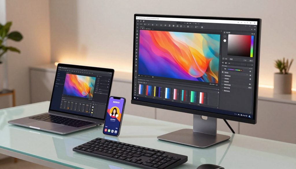 A sleek, modern computer desk setup featuring a high-resolution monitor displaying the 美图秀秀 software interface. In the foreground, a close-up of the computer screen shows sharp, colorful editing tools, with vibrant images and effects from the application. The middle ground includes a stylish laptop and a smartphone, both showcasing 美图秀秀's interface, symbolizing cross-device functionality. In the background, soft ambient lighting creates a cozy atmosphere, with subtle reflections on the glass surfaces. The room has contemporary decor, emphasizing a blend of technology and creativity. The scene is bright and inviting, evoking a sense of innovation and user-friendliness, perfect for illustrating a comprehensive guide on device compatibility.