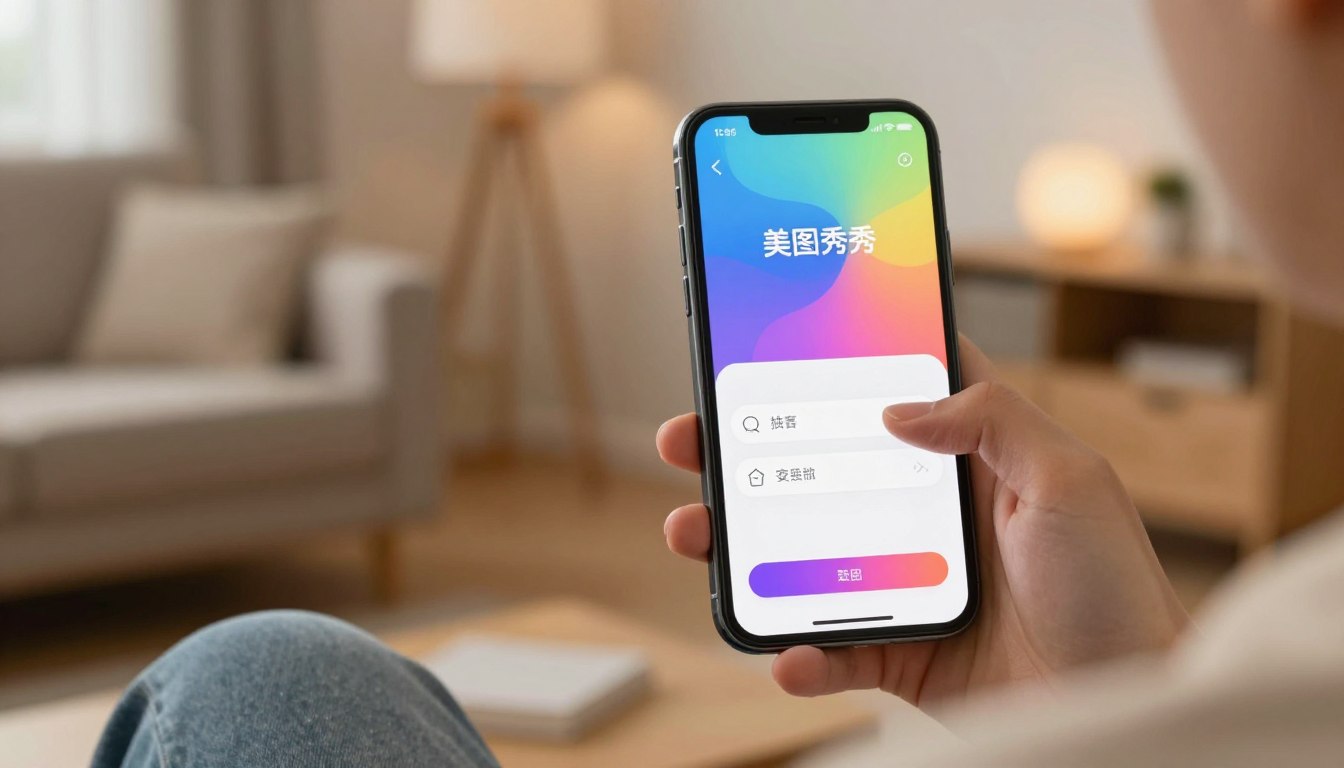 A sleek, modern digital interface of a mobile application login screen for "美图秀秀," prominently displayed on a smartphone held by a user in a cozy, well-lit home environment. The foreground features the smartphone with sharp focus showing the colorful, user-friendly login interface, including a space for username and password. In the middle ground, a person's hands, dressed in modest casual clothing, gently type on the screen, conveying a sense of interaction. The background is a softly blurred living room with warm ambient lighting, creating a welcoming atmosphere that emphasizes ease of use and accessibility. The overall mood is relaxed and inviting, emphasizing the simplicity of logging into the app.