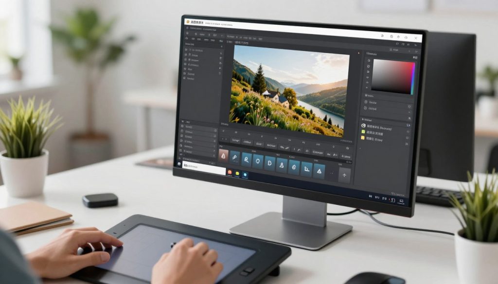 A sleek, modern digital workspace featuring a high-resolution computer screen displaying the “美图秀秀” image editing software interface, prominently showing the image resizing and aspect ratio adjustment tools. In the foreground, a hand is using a graphic tablet, adjusting dimensions with precision. The middle ground includes various icons and toolbars of the software, illustrating tools like cropping and scaling. The background depicts a softly lit, stylish office environment, with plants and minimal furniture, creating a calm and focused mood. The lighting is bright but soft, enhancing visibility on the screen. The angle is a slight overhead view, providing a comprehensive look at the editing process, emphasizing clarity and professionalism. A sleek, modern digital workspace featuring a high-resolution computer screen displaying the “美图秀秀” image editing software interface, prominently showing the image resizing and aspect ratio adjustment tools. In the foreground, a hand is using a graphic tablet, adjusting dimensions with precision. The middle ground includes various icons and toolbars of the software, illustrating tools like cropping and scaling. The background depicts a softly lit, stylish office environment, with plants and minimal furniture, creating a calm and focused mood. The lighting is bright but soft, enhancing visibility on the screen. The angle is a slight overhead view, providing a comprehensive look at the editing process, emphasizing clarity and professionalism.