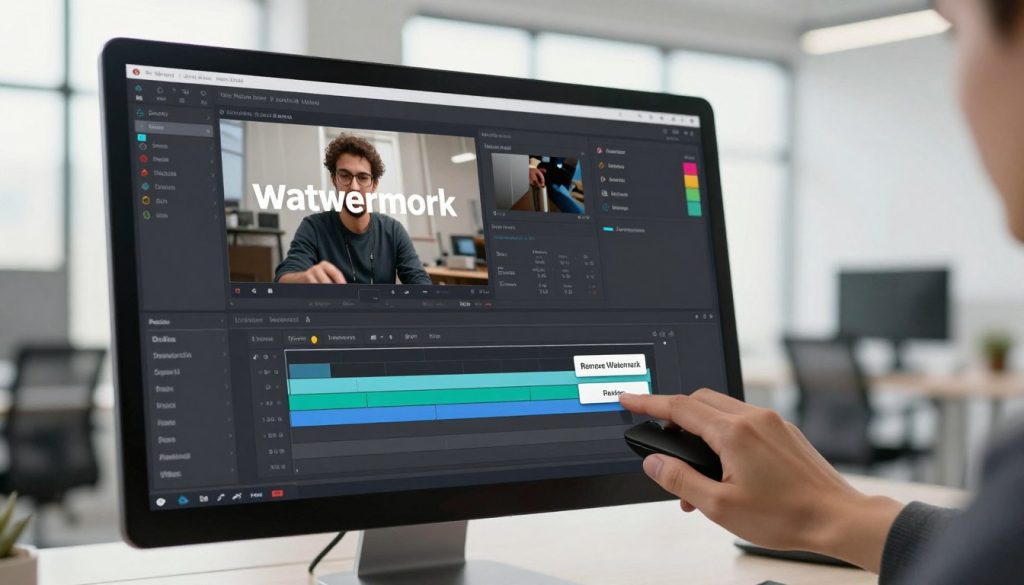 A sleek, modern interface of a video editing software on a high-resolution computer screen, showcasing the process of removing a watermark from a video. In the foreground, a close-up view of a hand using a mouse, clicking on a specific button labeled "Remove Watermark." In the middle, the software window displays a video timeline with a visual representation of a watermark being highlighted for removal. The background features a well-lit, minimalistic office environment with soft, natural light filtering in through large windows. The atmosphere is focused and professional, conveying a sense of efficiency and ease in video editing tasks. A sleek, modern interface of a video editing software on a high-resolution computer screen, showcasing the process of removing a watermark from a video. In the foreground, a close-up view of a hand using a mouse, clicking on a specific button labeled "Remove Watermark." In the middle, the software window displays a video timeline with a visual representation of a watermark being highlighted for removal. The background features a well-lit, minimalistic office environment with soft, natural light filtering in through large windows. The atmosphere is focused and professional, conveying a sense of efficiency and ease in video editing tasks.