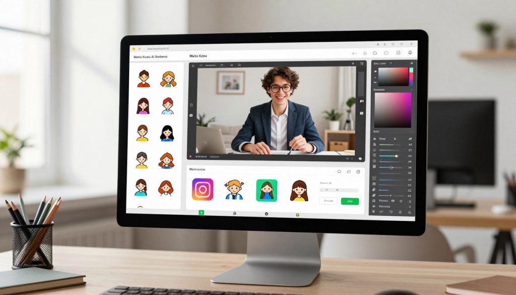 A sleek, modern interface of the "Meitu Xiuxiu AI Stickers Editing" application displayed on a high-resolution computer monitor. The foreground features a colorful array of AI-generated stickers and photo editing tools, including vibrant filters and adjustment sliders. In the middle ground, a user in professional attire interacts with the interface, showcasing their creativity in a stylish, well-lit workspace filled with design elements. The background should suggest a minimalistic office with soft natural lighting coming from a window, casting gentle shadows. The overall atmosphere is exciting and innovative, emphasizing the ease and fun of using AI stickers to enhance photos, fostering a sense of inspiration and creativity.