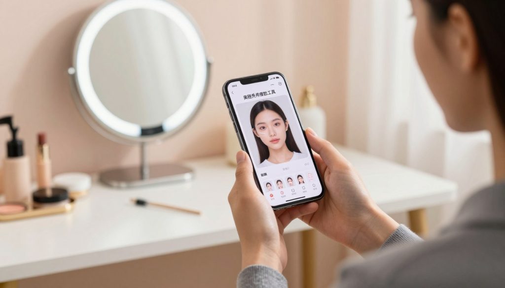A sleek, modern smartphone displaying the "美图秀秀瘦脸工具" application open on its screen. In the foreground, a user with a focused expression, dressed in smart casual attire, holds the phone at eye level, showcasing the app's interface that illustrates a step-by-step guide for facial slimming effects. In the middle, a softly lit workspace features a stylish desk with beauty products, a mirror, and ambient lighting that enhances a calm atmosphere. The background subtly displays a well-decorated room with soft pastel colors, creating an inviting and professional mood. The image captures the essence of beauty and technology, illustrating the usage of a popular facial enhancement tool in a relatable context. A sleek, modern smartphone displaying the "美图秀秀瘦脸工具" application open on its screen. In the foreground, a user with a focused expression, dressed in smart casual attire, holds the phone at eye level, showcasing the app's interface that illustrates a step-by-step guide for facial slimming effects. In the middle, a softly lit workspace features a stylish desk with beauty products, a mirror, and ambient lighting that enhances a calm atmosphere. The background subtly displays a well-decorated room with soft pastel colors, creating an inviting and professional mood. The image captures the essence of beauty and technology, illustrating the usage of a popular facial enhancement tool in a relatable context.