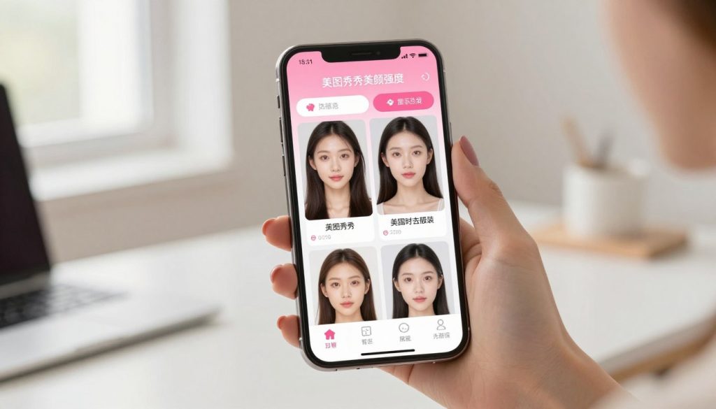 A stylish, modern scene showcasing the user interface of a beauty enhancement app on a sleek smartphone. In the foreground, prominently display the smartphone with a vibrant screen showing the "美图秀秀美颜强度" feature, highlighting before-and-after images of a user with smooth, radiant skin and enhanced features. In the middle, include a hand elegantly holding the phone, displaying professional nail polish for added sophistication. In the background, softly blurred, a minimalistic workspace with soft, diffused natural light coming from a nearby window. The atmosphere should convey a sense of creativity and positivity, ideal for an article on optimizing beauty effects. Soft pastel colors should dominate the palette, creating a calm and inviting mood.