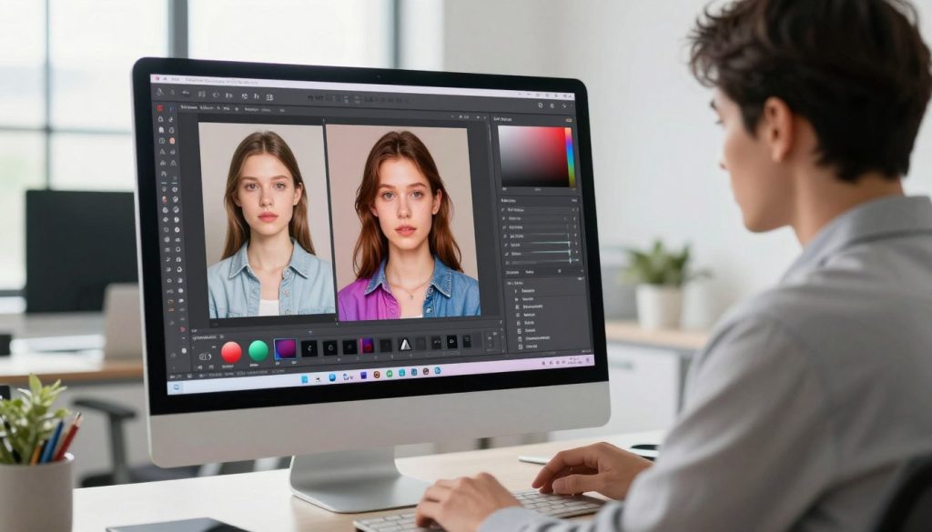 A stylized digital workspace featuring an AI photo editing interface from Meitu Xiu Xiu on a modern computer screen. In the foreground, a professional-looking individual, dressed in smart casual attire, is intently working on enhancing a vibrant portrait using AI tools, showcasing features like filters and adjustments. The middle layer reveals the computer screen with a colorful and detailed editing program, displaying before-and-after images of stunning portraits. In the background, a minimalist office environment with soft natural light coming through a large window, creating a bright and inviting atmosphere. The overall mood is focused, creative, and inspiring, symbolizing the innovative use of AI in photography.