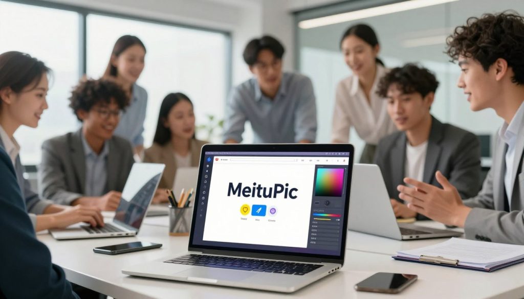 A vibrant and engaging digital scene that depicts a modern technology workspace centered around the concept of "MeituPic," framed to explore the question of whether it is paid or free. In the foreground, a sleek laptop displays the MeituPic interface, surrounded by artistic elements like colorful photo filters and icons representing editing tools. The middle ground features a diverse group of professional individuals dressed in modern business attire, discussing the software's features enthusiastically, highlighting a collaborative atmosphere. In the background, bright, soft lighting illuminates a contemporary office space with large windows, creating an inspiring mood. The overall atmosphere should convey curiosity and excitement about the software's availability and options, emphasizing a sense of innovation and digital creativity.