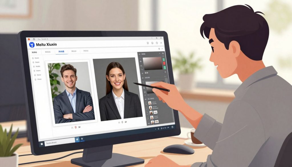 A vibrant and engaging illustration showcasing the process of removing watermarks from images using the Meitu Xiuxiu application. In the foreground, depict a computer screen displaying the user-friendly interface of the Meitu Xiuxiu software, with a clear image before and after watermark removal. The middle ground should feature a focused individual, dressed in professional attire, attentively working on the software, their expression conveying concentration and satisfaction. In the background, include a cozy, well-lit workspace, with soft natural light filtering through a window, plants, and a coffee cup, creating a productive atmosphere. The overall mood should be optimistic and productive, encouraging readers to engage with image editing techniques, emphasizing clarity and simplicity in the process. A vibrant and engaging illustration showcasing the process of removing watermarks from images using the Meitu Xiuxiu application. In the foreground, depict a computer screen displaying the user-friendly interface of the Meitu Xiuxiu software, with a clear image before and after watermark removal. The middle ground should feature a focused individual, dressed in professional attire, attentively working on the software, their expression conveying concentration and satisfaction. In the background, include a cozy, well-lit workspace, with soft natural light filtering through a window, plants, and a coffee cup, creating a productive atmosphere. The overall mood should be optimistic and productive, encouraging readers to engage with image editing techniques, emphasizing clarity and simplicity in the process.