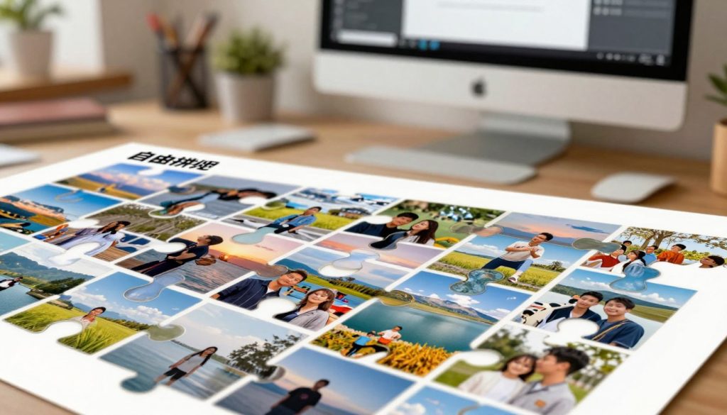 A vibrant and visually appealing digital collage showcasing the "自由拼图" effect from 美图秀秀. In the foreground, various colorful photo fragments display personal memories, such as landscapes, family gatherings, and nature shots, intricately arranged in an artistic style. The middle layer features a blurred background of a cozy workspace with a computer screen opened to the 美图秀秀 software, emphasizing the editing process. Soft, diffused lighting creates a warm atmosphere, highlighting the textures of the photo fragments. The angle is slightly above eye level, providing a dynamic perspective of the collage. The overall mood conveys creativity, inspiration, and the joy of photo editing, inviting viewers to explore the art of personalized collage-making. A vibrant and visually appealing digital collage showcasing the "自由拼图" effect from 美图秀秀. In the foreground, various colorful photo fragments display personal memories, such as landscapes, family gatherings, and nature shots, intricately arranged in an artistic style. The middle layer features a blurred background of a cozy workspace with a computer screen opened to the 美图秀秀 software, emphasizing the editing process. Soft, diffused lighting creates a warm atmosphere, highlighting the textures of the photo fragments. The angle is slightly above eye level, providing a dynamic perspective of the collage. The overall mood conveys creativity, inspiration, and the joy of photo editing, inviting viewers to explore the art of personalized collage-making.