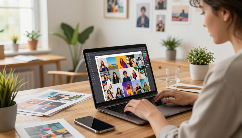 A vibrant digital workspace showcasing the process of creating a beautiful photo collage using the Meitu Xiuxiu app. In the foreground, a user with modest casual clothing is focused on a laptop screen displaying a partially completed collage of colorful images, surrounded by various pictures, a smartphone, and design elements. The middle ground features a stylish, light-filled room with plant decorations and a comfortable workspace, creating a relaxed atmosphere. In the background, a wall adorned with framed collages hints at the user's artistic skills and creativity. The scene is illuminated with warm, natural lighting from a nearby window, emphasizing the creativity and joy of digital art-making. The overall mood is inspiring and productive, perfect for illustrating the process of stitching photos together. A vibrant digital workspace showcasing the process of creating a beautiful photo collage using the Meitu Xiuxiu app. In the foreground, a user with modest casual clothing is focused on a laptop screen displaying a partially completed collage of colorful images, surrounded by various pictures, a smartphone, and design elements. The middle ground features a stylish, light-filled room with plant decorations and a comfortable workspace, creating a relaxed atmosphere. In the background, a wall adorned with framed collages hints at the user's artistic skills and creativity. The scene is illuminated with warm, natural lighting from a nearby window, emphasizing the creativity and joy of digital art-making. The overall mood is inspiring and productive, perfect for illustrating the process of stitching photos together.