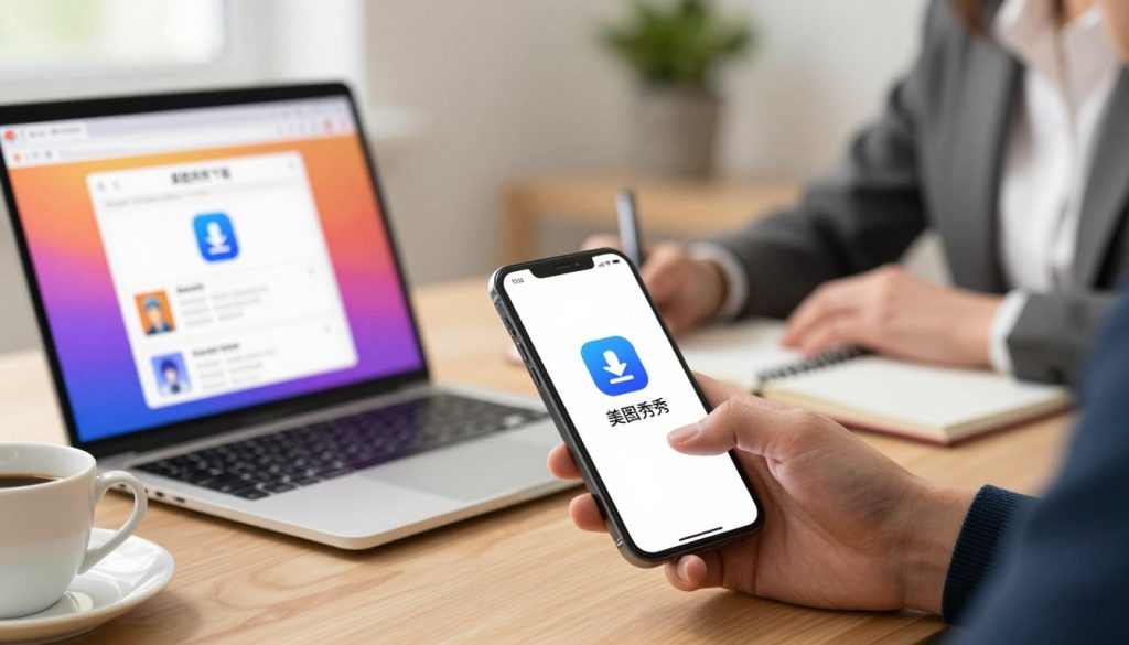 A visually appealing digital illustration showcasing the process of downloading the "美图秀秀" application. In the foreground, a sleek smartphone displays the app's icon on its screen. To the left, an open laptop shows a browser window with a search for "美图秀秀下载", with vibrant colors highlighting the interface. The middle ground features hands engaging with the devices, clad in professional attire, suggesting a productive atmosphere. The background depicts a cozy workspace with soft lighting, creating a warm, inviting mood. Accentuate details like a coffee cup, notebooks, and a subtle blend of greenery to enhance the workspace feel. The overall scene embodies a sense of clarity and efficiency, suitable for illustrating a tutorial on downloading the app across different platforms. A visually appealing digital illustration showcasing the process of downloading the "美图秀秀" application. In the foreground, a sleek smartphone displays the app's icon on its screen. To the left, an open laptop shows a browser window with a search for "美图秀秀下载", with vibrant colors highlighting the interface. The middle ground features hands engaging with the devices, clad in professional attire, suggesting a productive atmosphere. The background depicts a cozy workspace with soft lighting, creating a warm, inviting mood. Accentuate details like a coffee cup, notebooks, and a subtle blend of greenery to enhance the workspace feel. The overall scene embodies a sense of clarity and efficiency, suitable for illustrating a tutorial on downloading the app across different platforms.