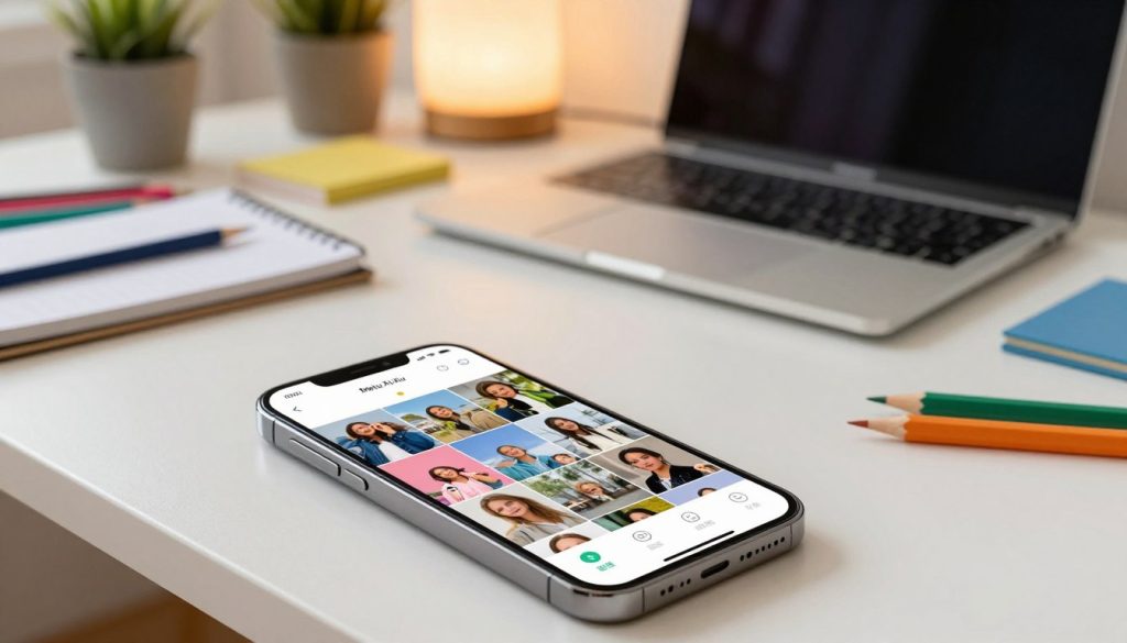 A visually engaging workspace showcasing the "Meitu Xiu Xiu" photo editing app, specifically its free collage feature. In the foreground, display a sleek smartphone with the app interface open, featuring colorful photo thumbnails and various editing tools like stickers and filters. The middle layer should highlight a well-organized workspace with a laptop, notepad, and colorful stationery, creating a creative and productive atmosphere. In the background, soft, warm lighting casts a cozy glow, enhancing the inviting mood. Include decorative elements like potted plants and art supplies, suggesting an artistic environment. Use a slight overhead angle to capture the essence of a modern digital artist's workspace, emphasizing creativity without text or clutter.
