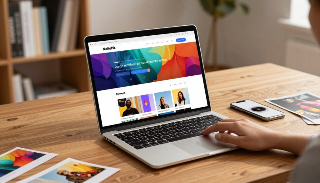 A visually striking digital workspace showcasing a laptop on a sleek wooden desk, opened to the MeituPic official website. In the foreground, a hand reaches towards the laptop's touchpad, displaying a colorful interface of the app, featuring enticing features like image editing tools. In the middle, soft, warm lighting casts a welcoming glow on the workspace, with a stylish smartphone displaying photo filters beside the laptop. Various vibrant photo samples lie on the desk, hinting at creative possibilities. The background features a blurred bookshelf filled with design books, giving an artistic atmosphere. The overall mood is modern and inspiring, inviting users to explore the comprehensive guide for downloading the app. A visually striking digital workspace showcasing a laptop on a sleek wooden desk, opened to the MeituPic official website. In the foreground, a hand reaches towards the laptop's touchpad, displaying a colorful interface of the app, featuring enticing features like image editing tools. In the middle, soft, warm lighting casts a welcoming glow on the workspace, with a stylish smartphone displaying photo filters beside the laptop. Various vibrant photo samples lie on the desk, hinting at creative possibilities. The background features a blurred bookshelf filled with design books, giving an artistic atmosphere. The overall mood is modern and inspiring, inviting users to explore the comprehensive guide for downloading the app.