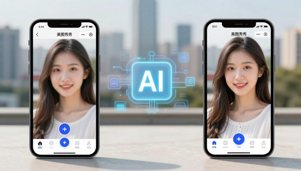 A visually striking image showcasing the advanced AI image enhancement features of 美图秀秀. In the foreground, display a sleek smartphone with an open app interface demonstrating an original blurry photo on one side and the enhanced, crystal-clear version on the other. Use vibrant colors to highlight the transformation. In the middle ground, include a digital representation of AI algorithms or data processing visuals to emphasize technological sophistication. The background should feature a softly blurred cityscape to convey a sense of modernity and innovation. Bright, natural lighting should illuminate the scene, creating a clean and inviting atmosphere, with a focus on clarity and enhancement. The composition should encourage a sense of optimism and creativity in photography. A visually striking image showcasing the advanced AI image enhancement features of 美图秀秀. In the foreground, display a sleek smartphone with an open app interface demonstrating an original blurry photo on one side and the enhanced, crystal-clear version on the other. Use vibrant colors to highlight the transformation. In the middle ground, include a digital representation of AI algorithms or data processing visuals to emphasize technological sophistication. The background should feature a softly blurred cityscape to convey a sense of modernity and innovation. Bright, natural lighting should illuminate the scene, creating a clean and inviting atmosphere, with a focus on clarity and enhancement. The composition should encourage a sense of optimism and creativity in photography.