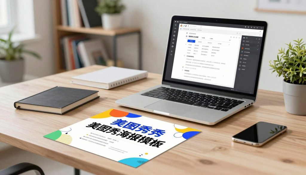 A visually striking poster showcasing the concept of "美图秀秀海报模板". In the foreground, display a beautifully designed digital poster template with vibrant colors, artistic elements, and unique graphics. In the middle, include a well-organized workspace with a laptop opened to the 美图秀秀 software, displaying a user-friendly interface. Soft, natural lighting illuminates the scene, enhancing the creative atmosphere. The background features a modern office environment, with shelves filled with design books and a potted plant, adding an organic touch. The overall mood is inspiring and innovative, reflecting the essence of personalized design. Capture this from a slightly angled perspective to create depth and engagement, ensuring no text or signatures are present. A visually striking poster showcasing the concept of "美图秀秀海报模板". In the foreground, display a beautifully designed digital poster template with vibrant colors, artistic elements, and unique graphics. In the middle, include a well-organized workspace with a laptop opened to the 美图秀秀 software, displaying a user-friendly interface. Soft, natural lighting illuminates the scene, enhancing the creative atmosphere. The background features a modern office environment, with shelves filled with design books and a potted plant, adding an organic touch. The overall mood is inspiring and innovative, reflecting the essence of personalized design. Capture this from a slightly angled perspective to create depth and engagement, ensuring no text or signatures are present.