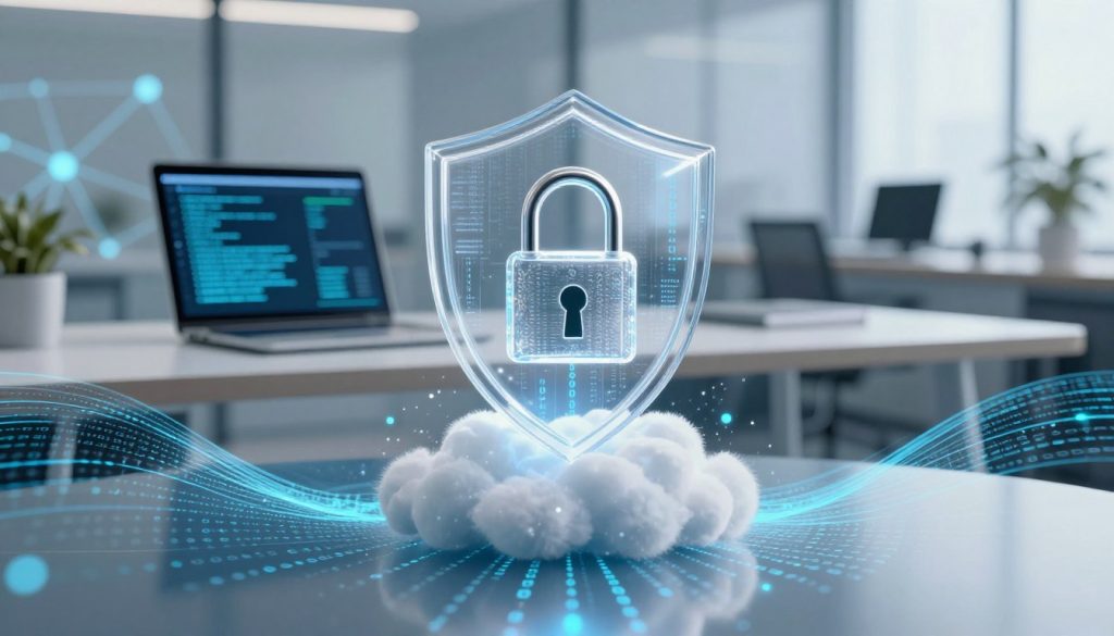 A visually striking representation of data privacy, featuring a digital shield symbolizing protection and security. In the foreground, a transparent lock hovering above a cloud surrounded by flowing streams of binary code, reflecting a high-tech atmosphere. The middle layer showcases a modern office setting with a sleek desk holding a laptop displaying encrypted data, emphasizing the importance of privacy management. The background includes abstract representations of networks and firewalls, softly illuminated to evoke a sense of safety and vigilance. The lighting is bright but soft, creating an inviting yet serious mood. The composition is balanced at a slight angle, adding depth and perspective, while ensuring a professional look suitable for an article.