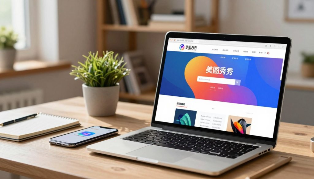 A well-lit desktop setup showcasing a computer screen displaying the download page for "美图秀秀" software. In the foreground, a sleek laptop with a glossy screen reflects the vibrant colors of the website. On the desk, a smartphone is placed beside the laptop, displaying the app’s logo. The middle ground features a warm, inviting workspace with a small potted plant and a notepad, creating a cozy atmosphere. The background includes soft, blurred shelves filled with books and office supplies, enhancing the professional vibe. The lighting is soft and natural, suggesting daytime, with sunlight streaming in through a nearby window. The overall mood is organized and focused, reflecting a productive digital environment. A well-lit desktop setup showcasing a computer screen displaying the download page for "美图秀秀" software. In the foreground, a sleek laptop with a glossy screen reflects the vibrant colors of the website. On the desk, a smartphone is placed beside the laptop, displaying the app’s logo. The middle ground features a warm, inviting workspace with a small potted plant and a notepad, creating a cozy atmosphere. The background includes soft, blurred shelves filled with books and office supplies, enhancing the professional vibe. The lighting is soft and natural, suggesting daytime, with sunlight streaming in through a nearby window. The overall mood is organized and focused, reflecting a productive digital environment.