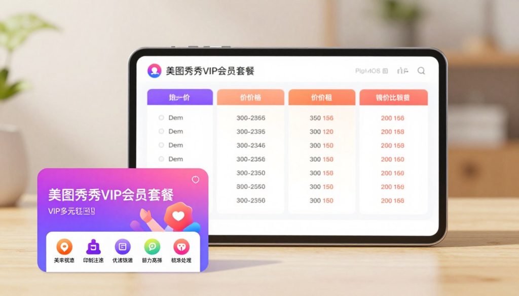 Create an image depicting a visually appealing and detailed presentation of the "美图秀秀VIP会员套餐". In the foreground, feature a vibrant, elegantly designed package showcasing various VIP membership tiers, including attractive icons that symbolize benefits such as exclusive filters and premium features. In the middle ground, display a well-organized price chart, using soft gradients and visually engaging colors that highlight the different pricing options. The background should be a soft, blurred image of a smartphone with the 美图秀秀 app open, casting a warm, inviting light that emphasizes a tech-savvy atmosphere. The overall mood should be professional yet accessible, appealing to a wide audience while maintaining a polished and sophisticated aesthetic. Use soft natural lighting to enhance the details and create a sense of depth in the image. Create an image depicting a visually appealing and detailed presentation of the "美图秀秀VIP会员套餐". In the foreground, feature a vibrant, elegantly designed package showcasing various VIP membership tiers, including attractive icons that symbolize benefits such as exclusive filters and premium features. In the middle ground, display a well-organized price chart, using soft gradients and visually engaging colors that highlight the different pricing options. The background should be a soft, blurred image of a smartphone with the 美图秀秀 app open, casting a warm, inviting light that emphasizes a tech-savvy atmosphere. The overall mood should be professional yet accessible, appealing to a wide audience while maintaining a polished and sophisticated aesthetic. Use soft natural lighting to enhance the details and create a sense of depth in the image.
